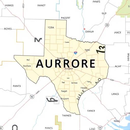 A map showing the location of Aurora, Texas, and the surrounding area.