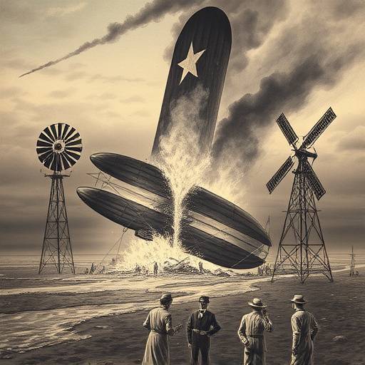 Illustration of the alleged airship crash in Aurora, Texas, depicting the collision with the windmill.